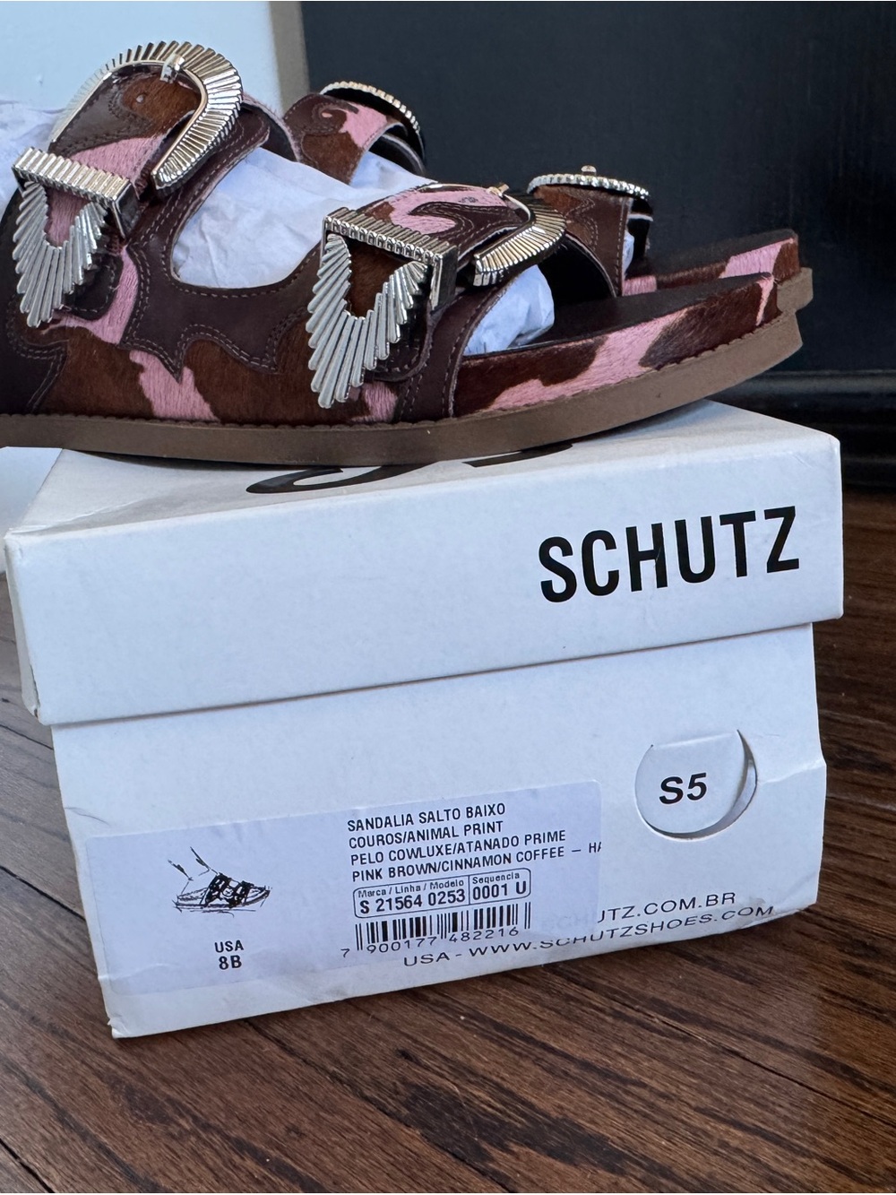 Schutz Brown + Pink Cow Hair Western style Slide Sandal - Picture 4 of 5